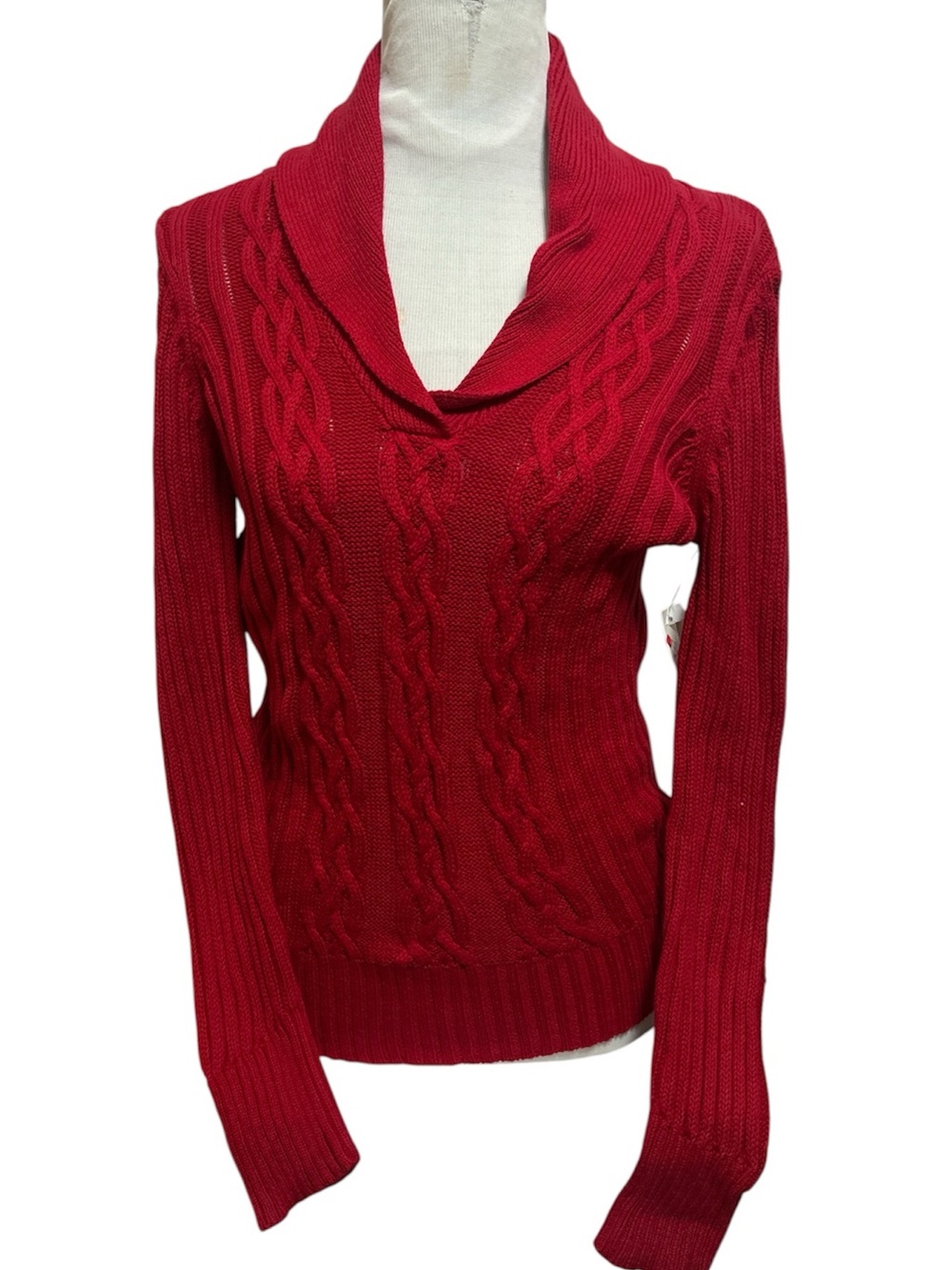NWT Vtg Deadstock Faded Glory Red Cable Knit Shawl Collar Pullover Sweater Y2K M